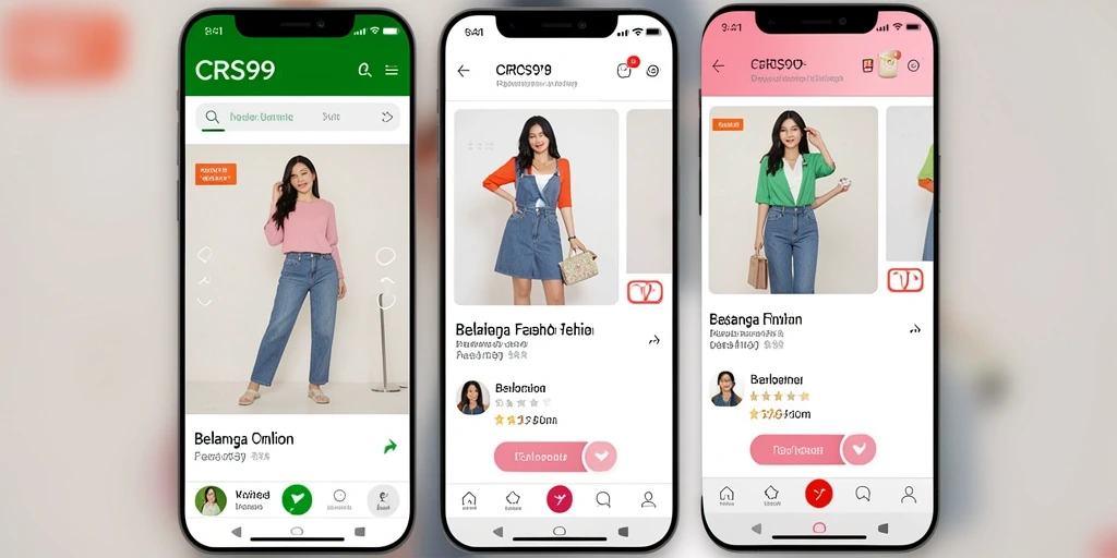 Antarmuka aplikasii CRS99 menampilkan berbagai produk fashion terkini.